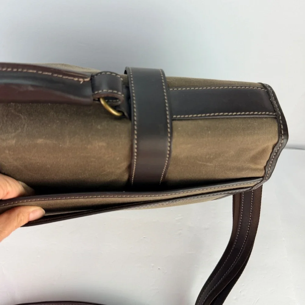 VTG Allen Edmonds Waxed Canvas Leather Trim Messenger Bag Briefcase Brown Brass